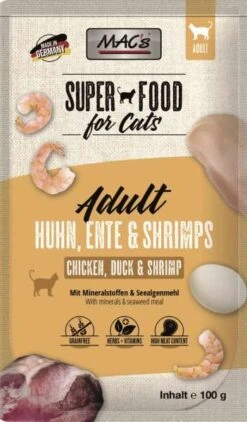 MACs Superfood Pouches | Mit Huhn, Ente & Shrimps | 12x100g Katzenfutter